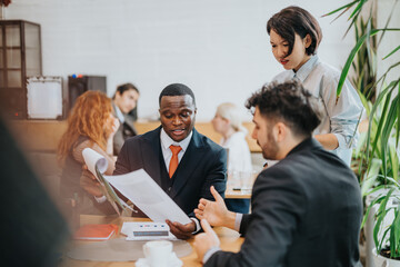 Professionals discussing ideas and strategies during a meeting, emphasizing teamwork and...
