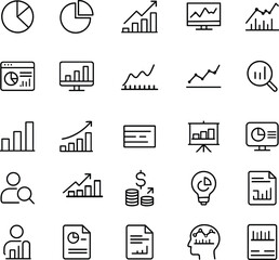 Data Analytics Vector Icon Set with Adjustable Line Weight Featuring Charts, Graphs, Analysis, Reports, Growth Trends, Statistics, Dashboards, and Infographic Element 