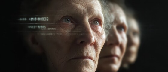 Aging faces with technology overlay exploring time and digital connection