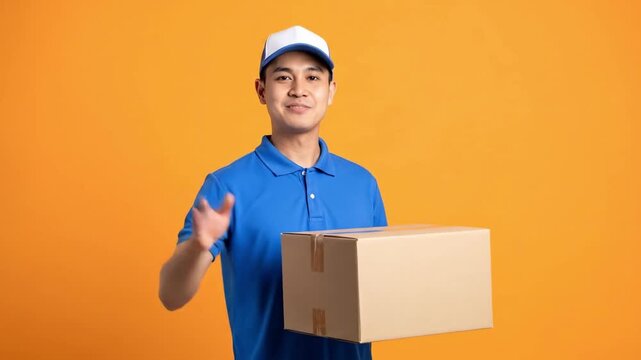 Smiling Delivery Man Waving Hand While Holding Parcel on Orange Background