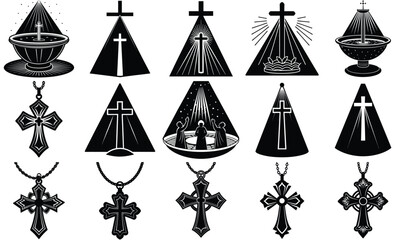 Collection of religious cross symbols and pendants isolated on white background