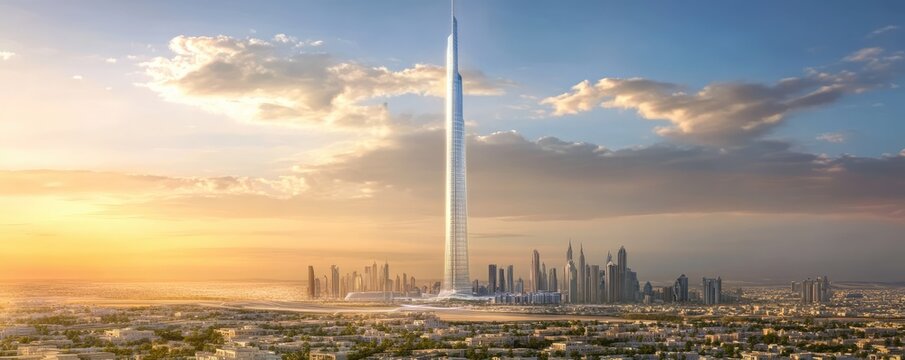 Futuristic View of the Jeddah Tower at Sunset