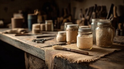 Artisan's workspace with jars and a brush, evoking creativity and craftsmanship. A glimpse into a workspace, filled with jars and tools, capturing the essence of artistic practice