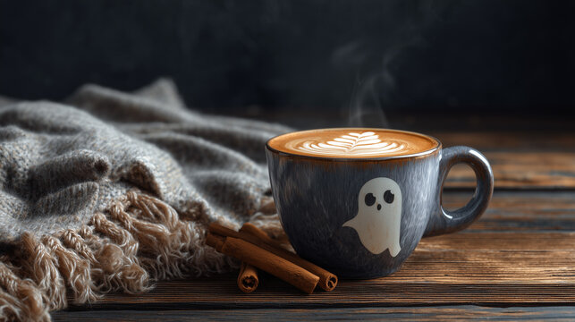 Halloween Latte Art Ghost Mug Cozy Cinnamon Sticks