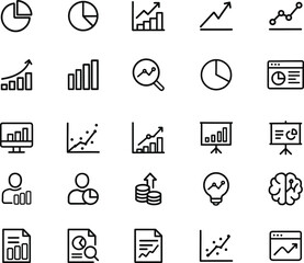 Data Analytics Vector Icon Set with Adjustable Line Weight Featuring Charts, Graphs, Analysis, Reports, Growth Trends, Statistics, Dashboards, and Infographic Element 