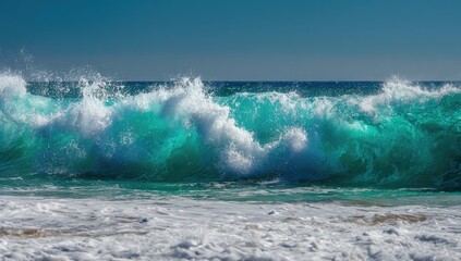 Fototapeta premium Powerful turquoise waves crashing on a sandy beach