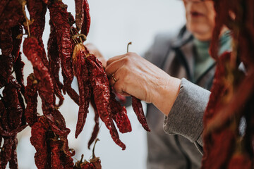Closeup of hands arranging dried red chili peppers on hanging strings, reflecting traditional food...