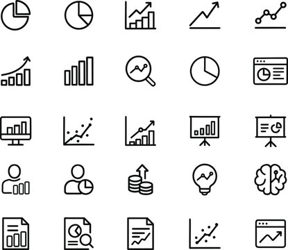 Data Analytics Vector Icon Set with Adjustable Line Weight Featuring Charts, Graphs, Analysis, Reports, Growth Trends, Statistics, Dashboards, and Infographic Element 