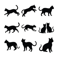 Collection of black cat silhouettes in various poses isolated on white background