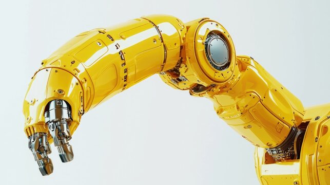 Close-up of a detailed yellow robotic arm.