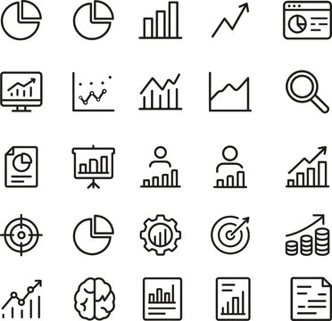 Data Analytics Vector Icon Set with Adjustable Line Weight Featuring Charts, Graphs, Analysis, Reports, Growth Trends, Statistics, Dashboards, and Infographic Element 