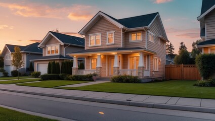 Detached suburban house showcases high fidelity wooden siding architecture with a vibrant lawn du a beautiful sunset twilight scene.