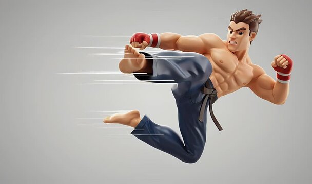 A strong person in a blue fighting uniform performs a powerful jumping kick against a light gray background. This dynamic action shot captures the strength and athleticism of the athlete.