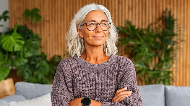 Mature woman with glasses silver hair and a purple sweater stands with arms crossed looking thoughtful. - Powered by Adobe