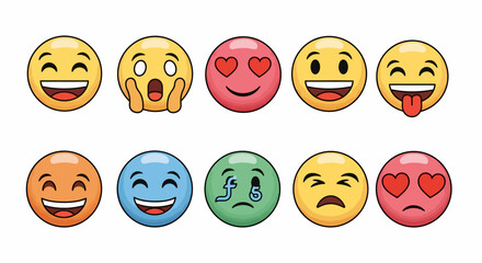 Fototapeta premium Collection of Colorful Cartoon Emoji Faces Expressing Various Emotions and Reactions