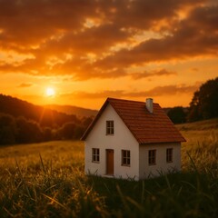 Rustic farmhouse at golden sunset in countryside field.