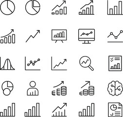 Data Analytics Vector Icon Set with Adjustable Line Weight Featuring Charts, Graphs, Analysis, Reports, Growth Trends, Statistics, Dashboards, and Infographic Element 