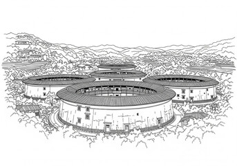 Obraz premium Earth buildings of Hakka (客家土楼) in China one line drawing style
