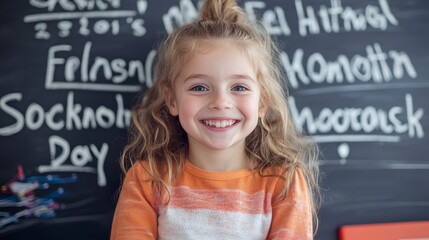 Happy girl smiling in front of a chalkboard with words.