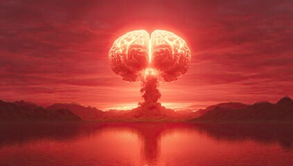 A fiery brain-shaped nuclear explosion over a lake