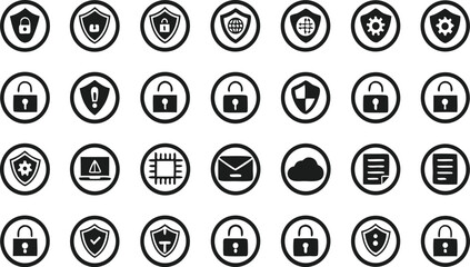 Collection of security and technology icons silhouette
