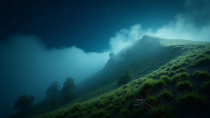 Misty Mountain Landscape Under a Starry Night