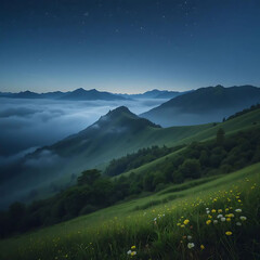 Misty Mountain Landscape Under a Starry Night