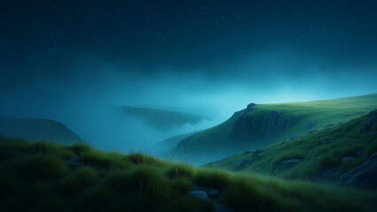 Misty Mountain Landscape Under a Starry Night