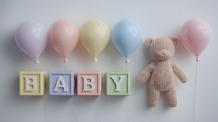 Bright Nursery Flatlay with Colorful Balloons and Teddy Bear for Joyful Baby Celebrations,