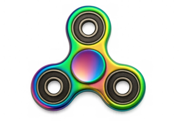 Iridescent metallic fidget spinner spinning, transparent backdrop highlighting dynamic movement and modern design
