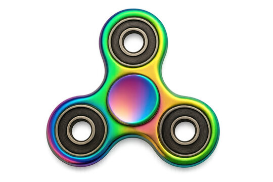 Iridescent metallic fidget spinner spinning, transparent backdrop highlighting dynamic movement and modern design