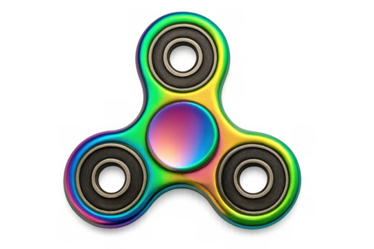 Iridescent metallic fidget spinner spinning, transparent backdrop highlighting dynamic movement and modern design