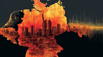Abstract germany skyline silhouette with vibrant cityscape overlay and graph elements
