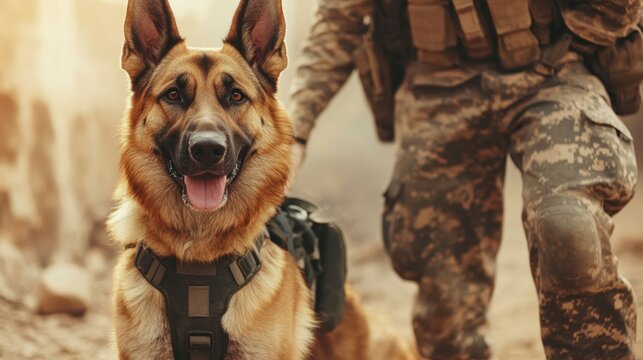 German Shepherd military dog wearing harness looks at camera, soldier walking behind.