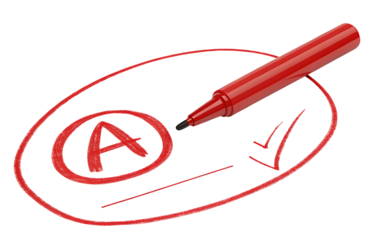 Red marker circling the letter a with a checkmark isolated on transparent background