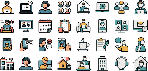 Remote Work and Communication Icons Set with People and Technology