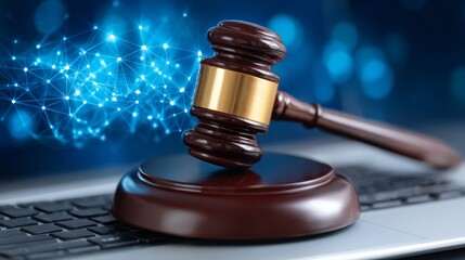 Wooden gavel on laptop, the intersection of law, technology, and modern justice wooden