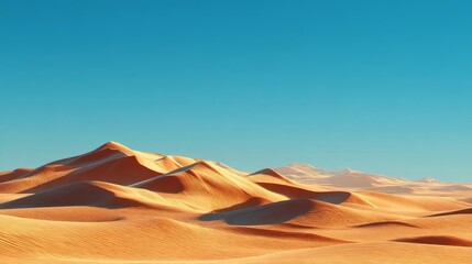 Vast desert landscape with rolling sand dunes under clear blue sky