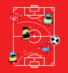 Monster vector design for kids were t shirt, monster playing football, funny monster playing game.