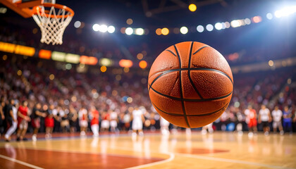Orange Basketball in Motion Against Blurred Background of Indoor Arena