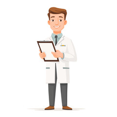 Smiling doctor in white coat holds clipboard, ready to assist.