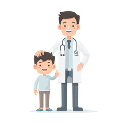 Fototapeta premium Smiling pediatrician gently touches a young boy's head, showcasing a caring doctor-patient interaction.