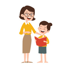 Fototapeta premium Happy teacher and student joyfully reading a book together.