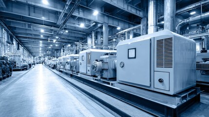 Obraz premium Intricate machinery in a vast, hightech machine room, glimpse into industrial power and precision