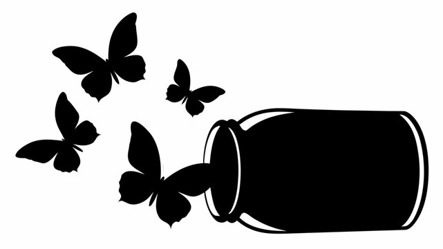 Silhouette illustration of butterflies flying out of a jar on its side in black and white color scheme