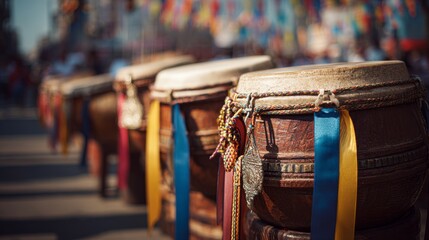 Obraz premium Colorful traditional drums at a cultural festival with decorative ribbons