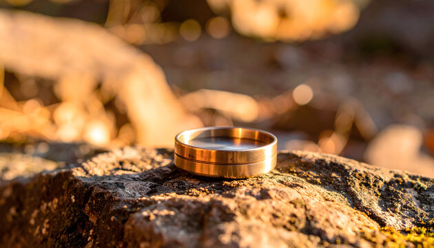 Gold Wedding Ring on Rocks at Sunset