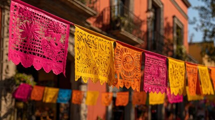 Colorful papel picado banners adorning a mexican street festival scene