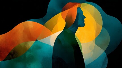 Abstract silhouette of adult male against multicolored flowing patterns
