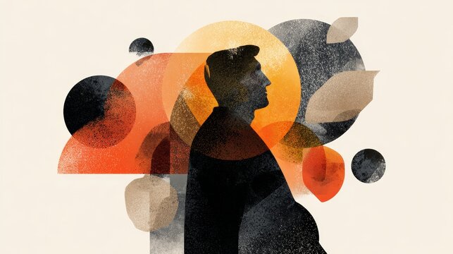 Silhouette of adult male amidst abstract geometric shapes and warm tones